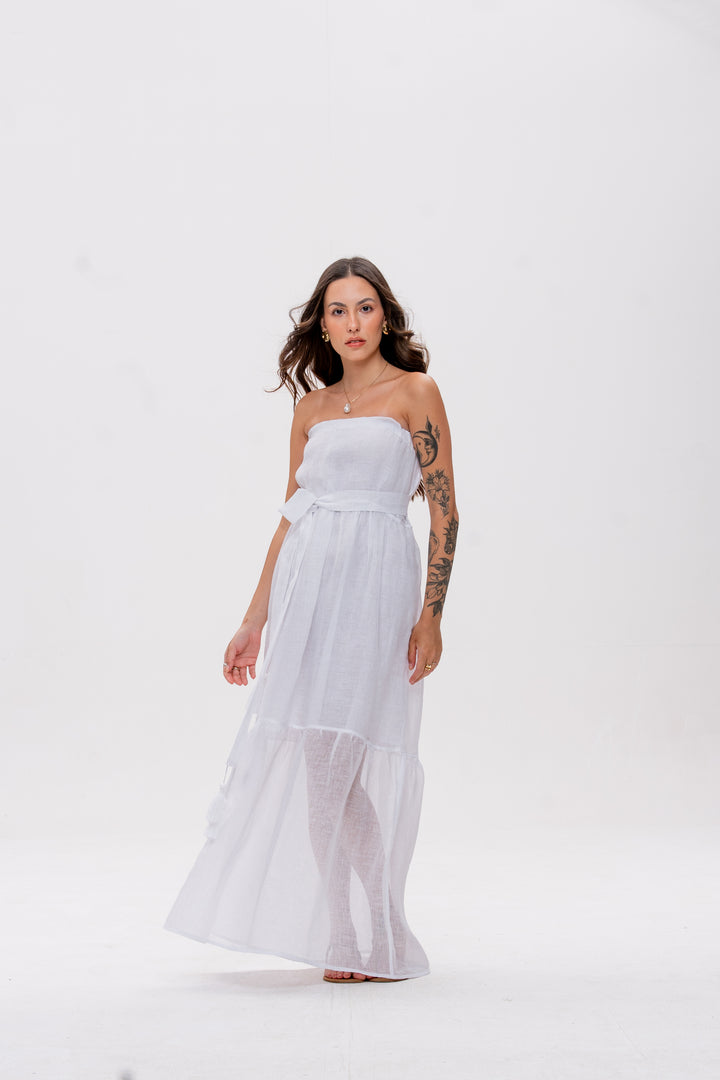 Vestido Tomara que Caia Brigite Gaze de Linho Branco