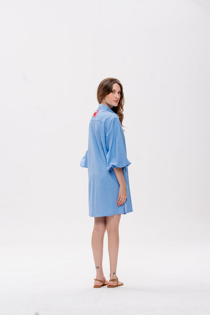 Chemise Curta Maré Alta Azul Caranguejo Vermelho
