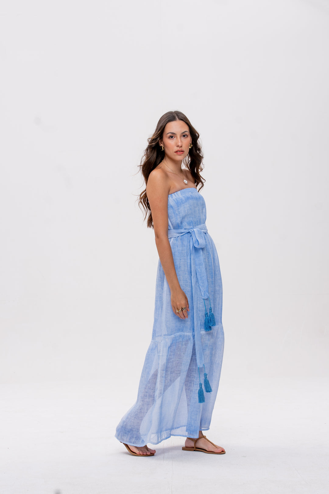 Vestido Tomara que Caia Brigite Gaze de Linho Azul Caribe