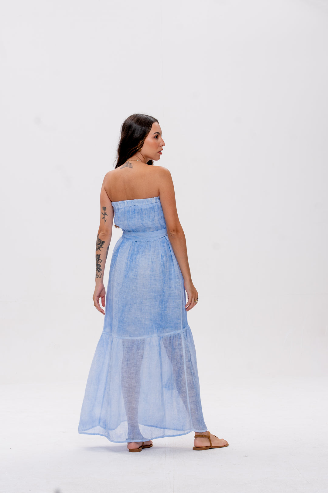 Vestido Tomara que Caia Brigite Gaze de Linho Azul Caribe