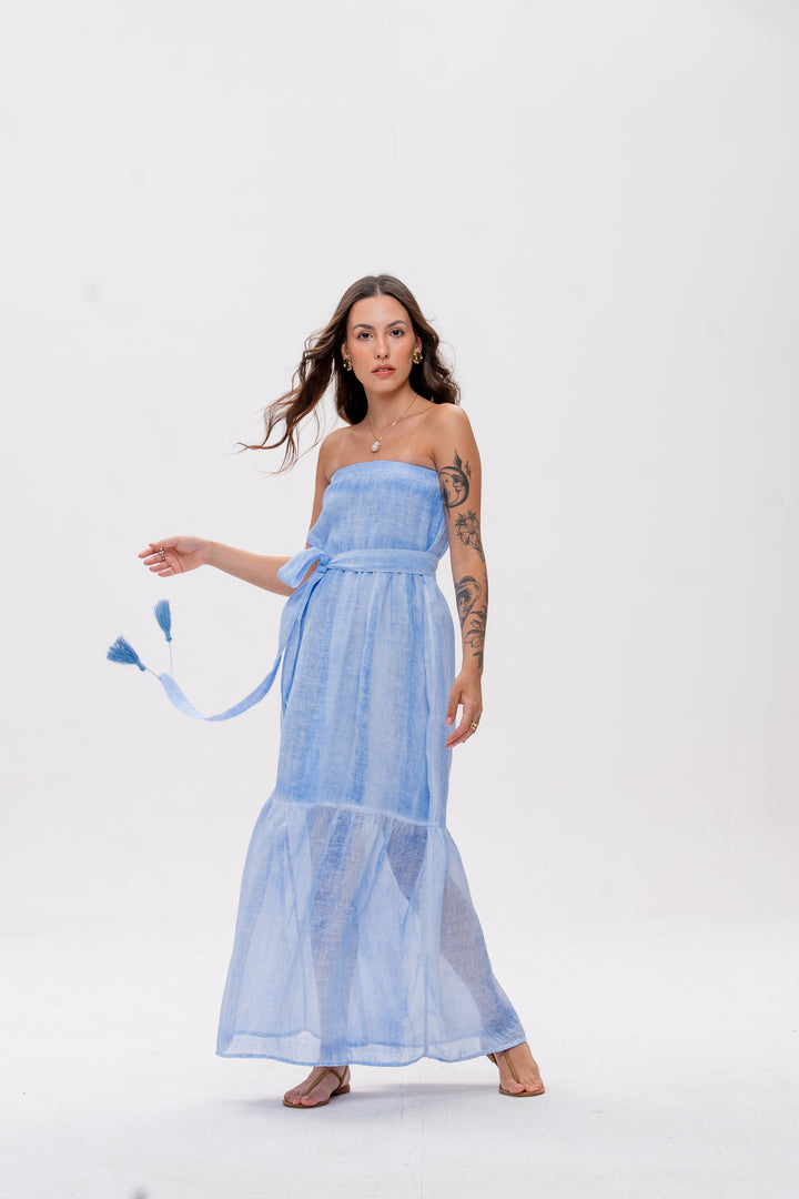 Vestido Tomara que Caia Brigite Gaze de Linho Azul Caribe