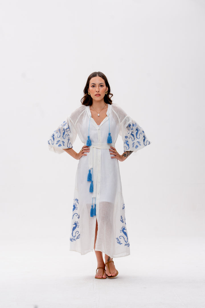 Vestido Nesga Brigite Gaze de Linho Branco Bordado Azul