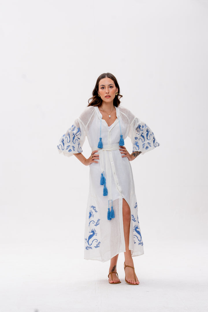 Vestido Nesga Brigite Gaze de Linho Branco Bordado Azul