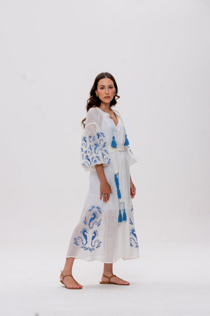 Vestido Nesga Brigite Gaze de Linho Branco Bordado Azul