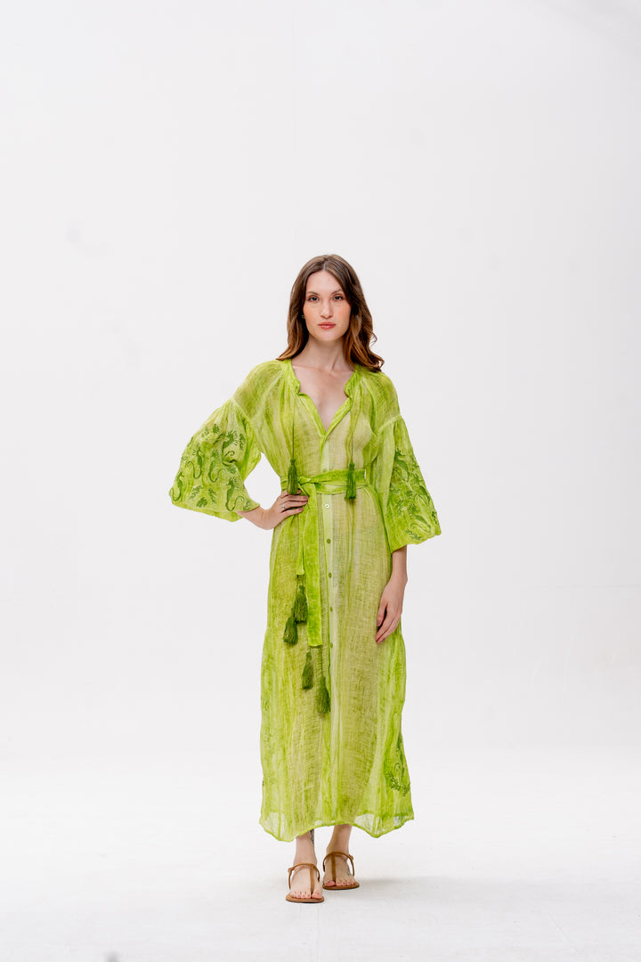 Vestido Nesga Brigite Gaze de Linho Verde Bordado Verde Folha