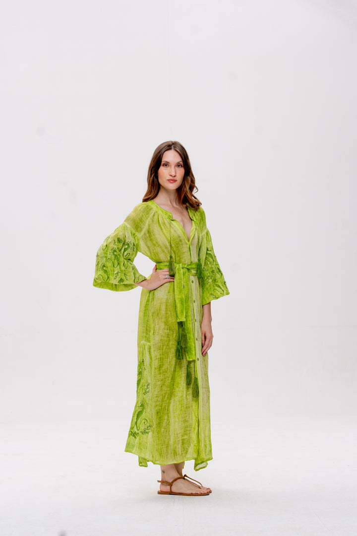 Vestido Nesga Brigite Gaze de Linho Verde Bordado Verde Folha