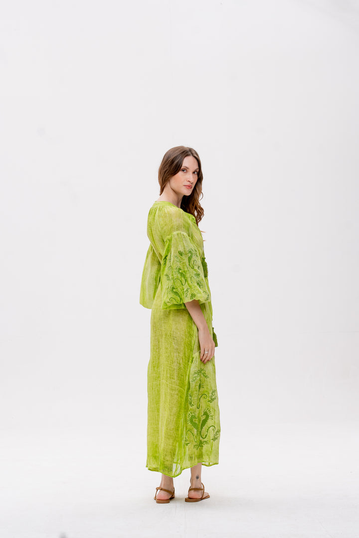 Vestido Nesga Brigite Gaze de Linho Verde Bordado Verde Folha