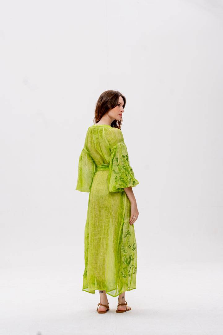 Vestido Nesga Brigite Gaze de Linho Verde Bordado Verde Folha