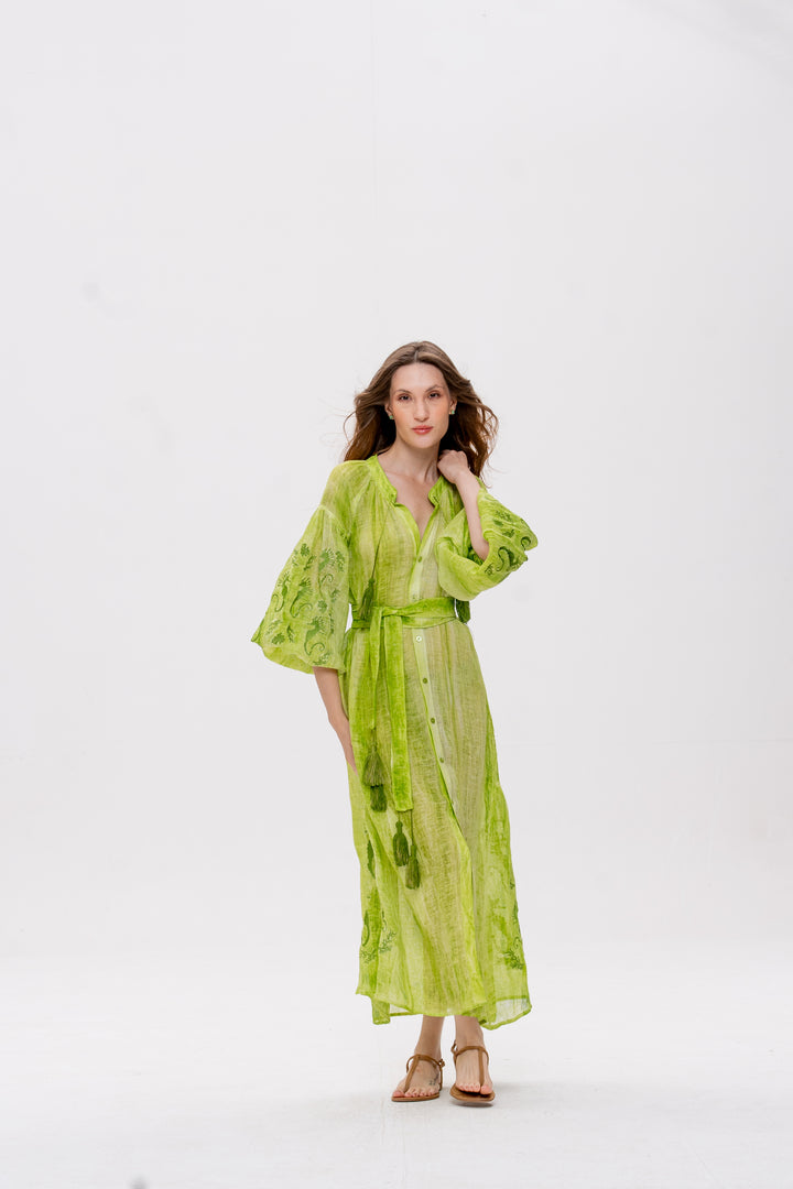 Vestido Nesga Brigite Gaze de Linho Verde Bordado Verde Folha