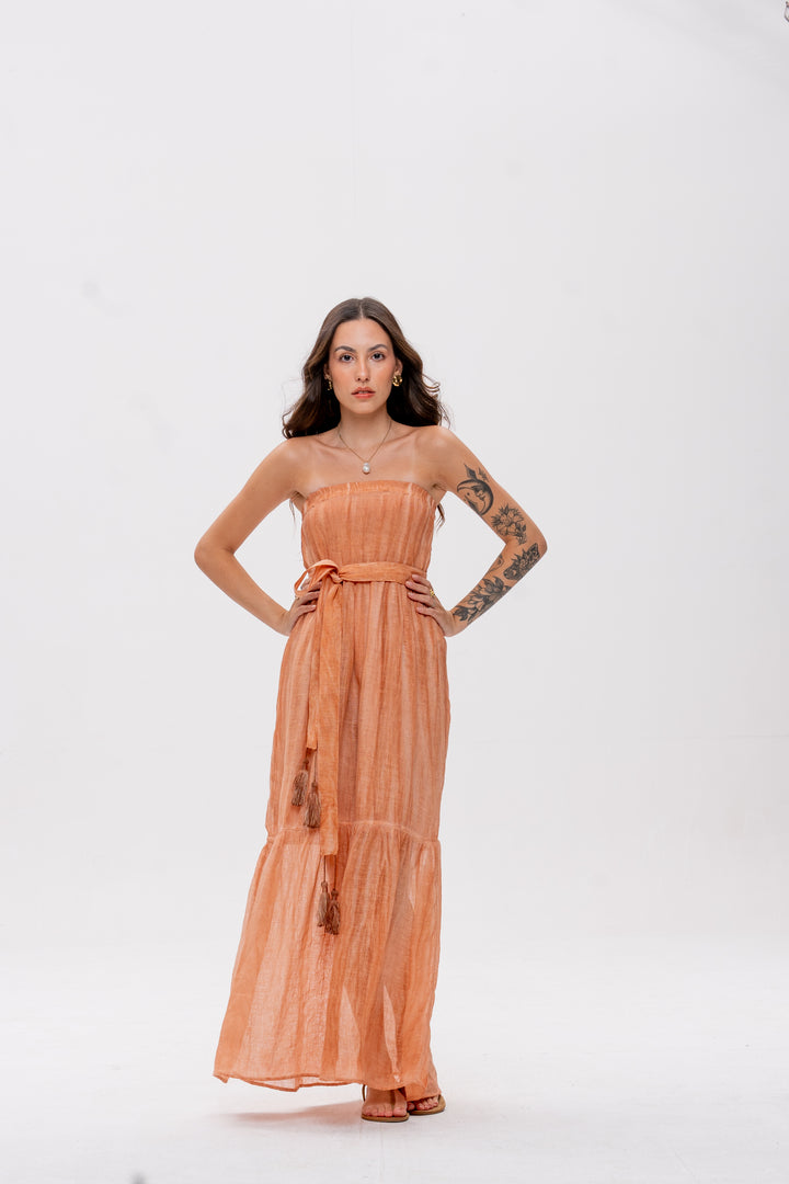 Vestido Tomara que Caia Brigite Gaze de Linho Avelã