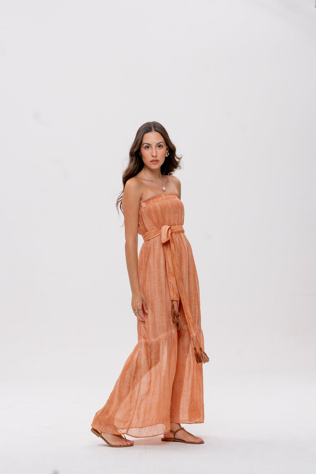 Vestido Tomara que Caia Brigite Gaze de Linho Avelã