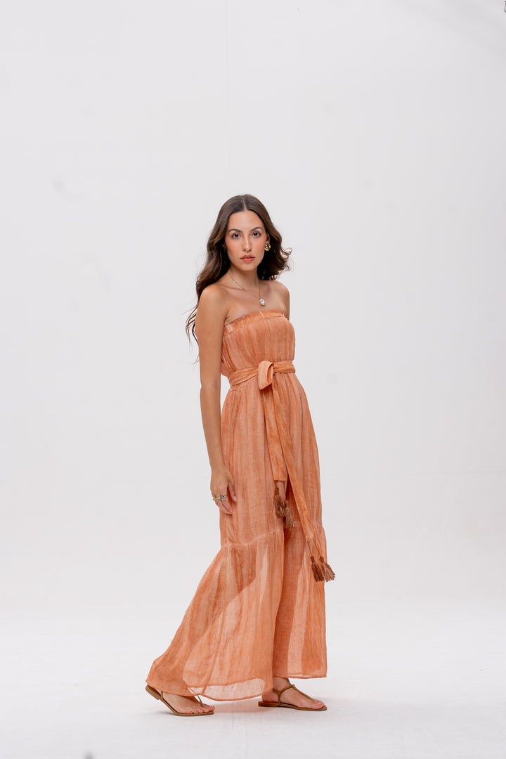 Vestido Tomara que Caia Brigite Gaze de Linho Avelã