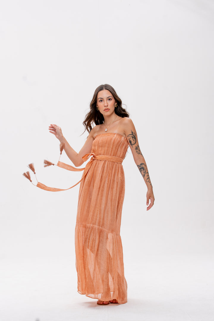 Vestido Tomara que Caia Brigite Gaze de Linho Avelã