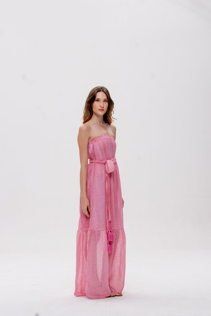 Vestido Tomara que Caia Brigite Gaze de Linho Rosa Velho