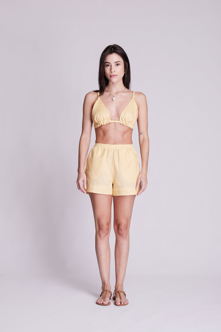 Shorts Cocar Linho Amarelo Manteiga