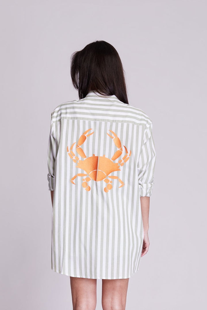 Camisa Maré Alta Algodão Listrado Verde Bordado King Crab Laranja