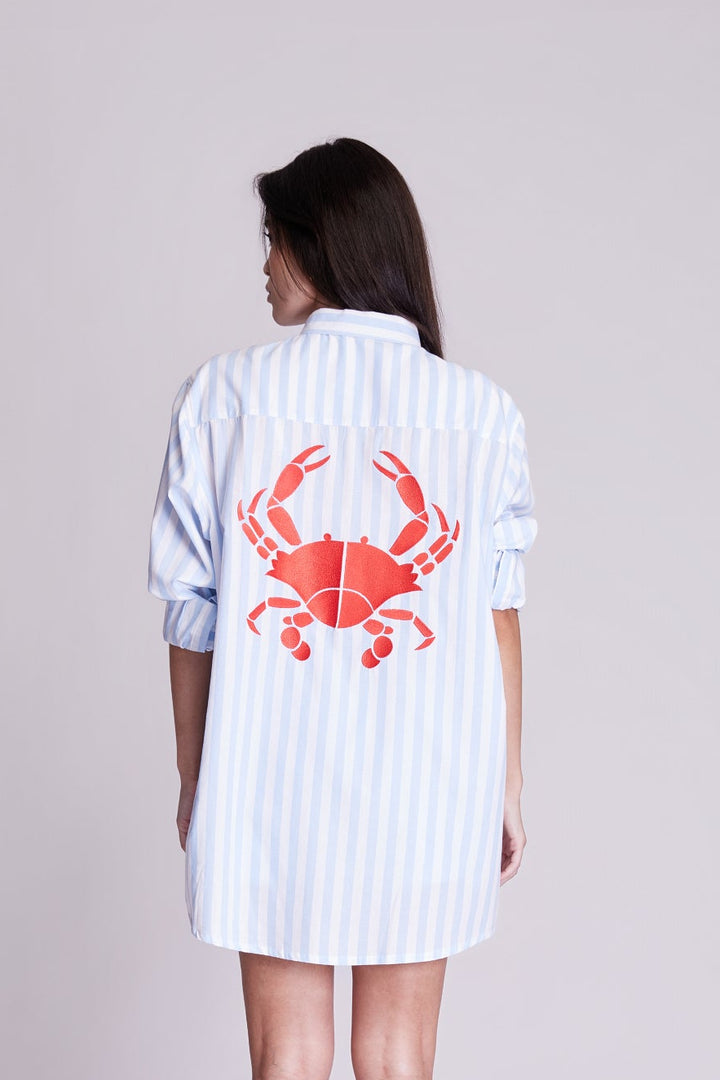 Camisa Maré Alta Algodão Listrado Azul Bordado King Crab Vermelho