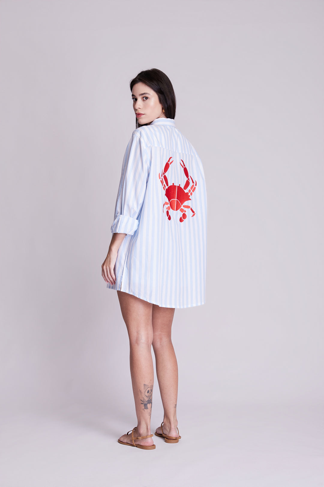 Camisa Maré Alta Algodão Listrado Azul Bordado King Crab Vermelho