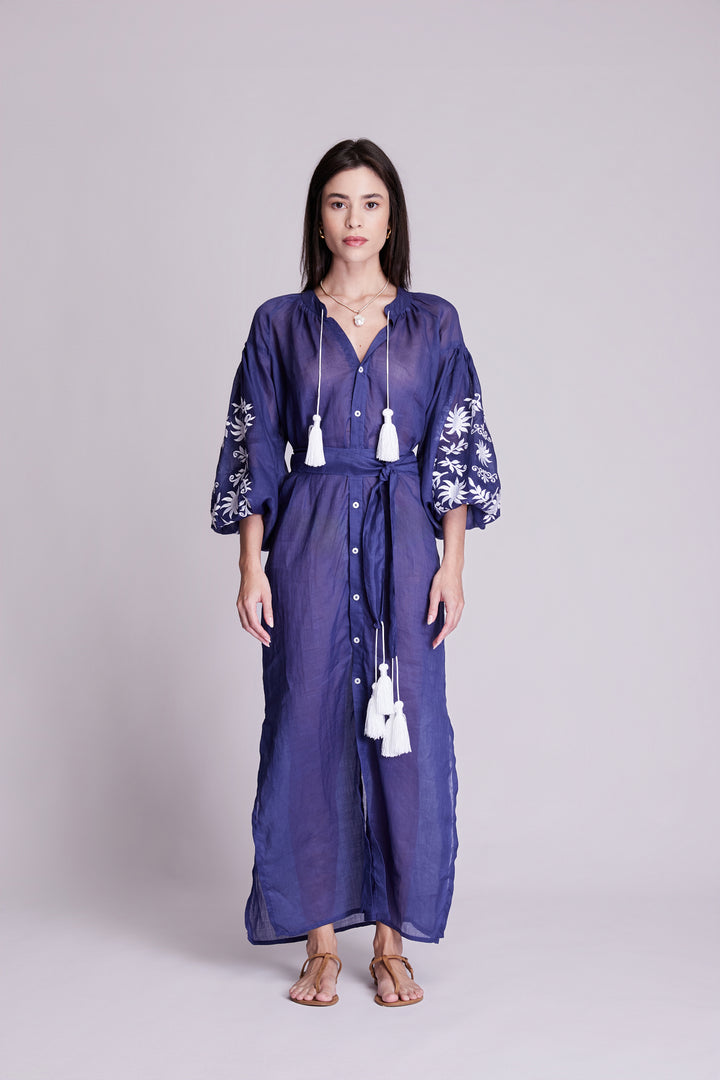 Vestido Chemise Afrodity Rami Azul Marinho Bordado Branco