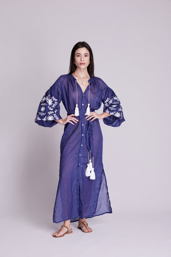 Vestido Chemise Afrodity Rami Azul Marinho Bordado Branco