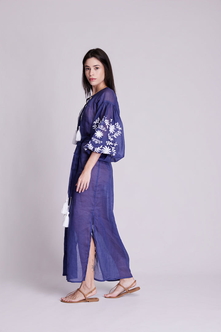 Vestido Chemise Afrodity Rami Azul Marinho Bordado Branco