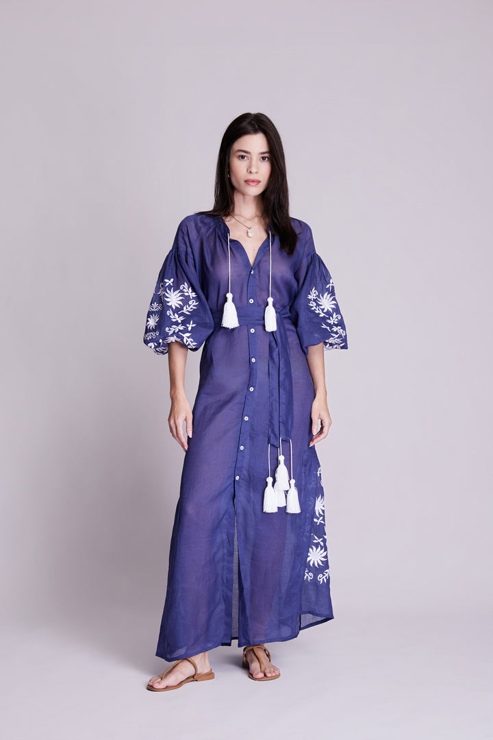 Vestido Nesga Afrodity Rami Azul Marinho Bordado Branco