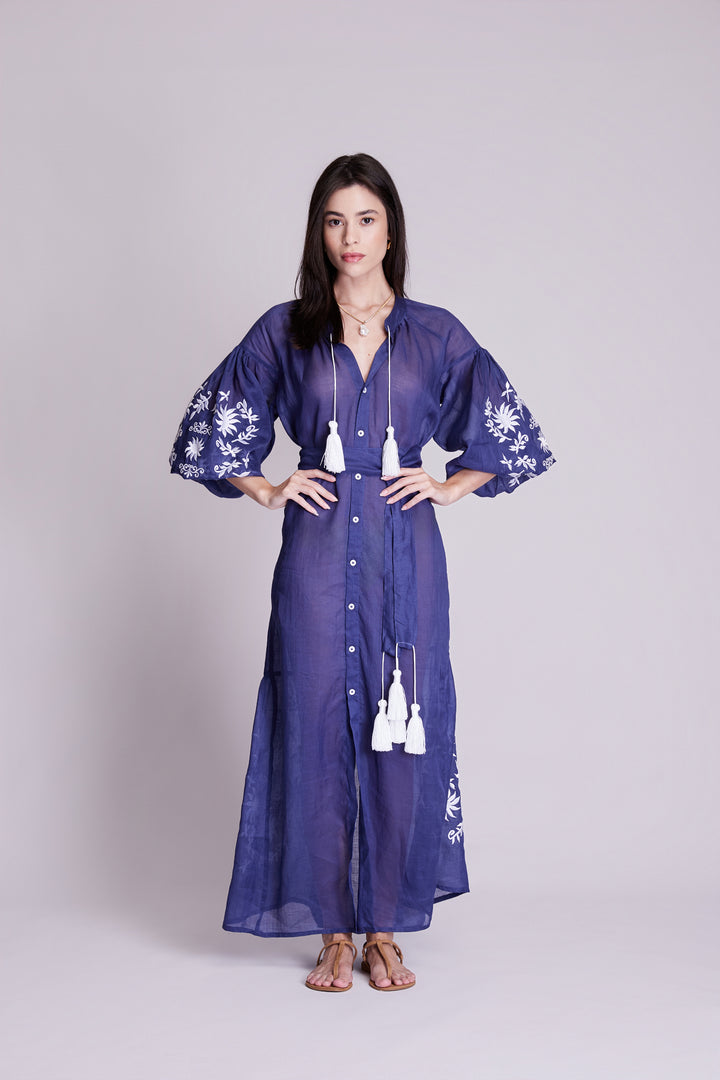 Vestido Nesga Afrodity Rami Azul Marinho Bordado Branco