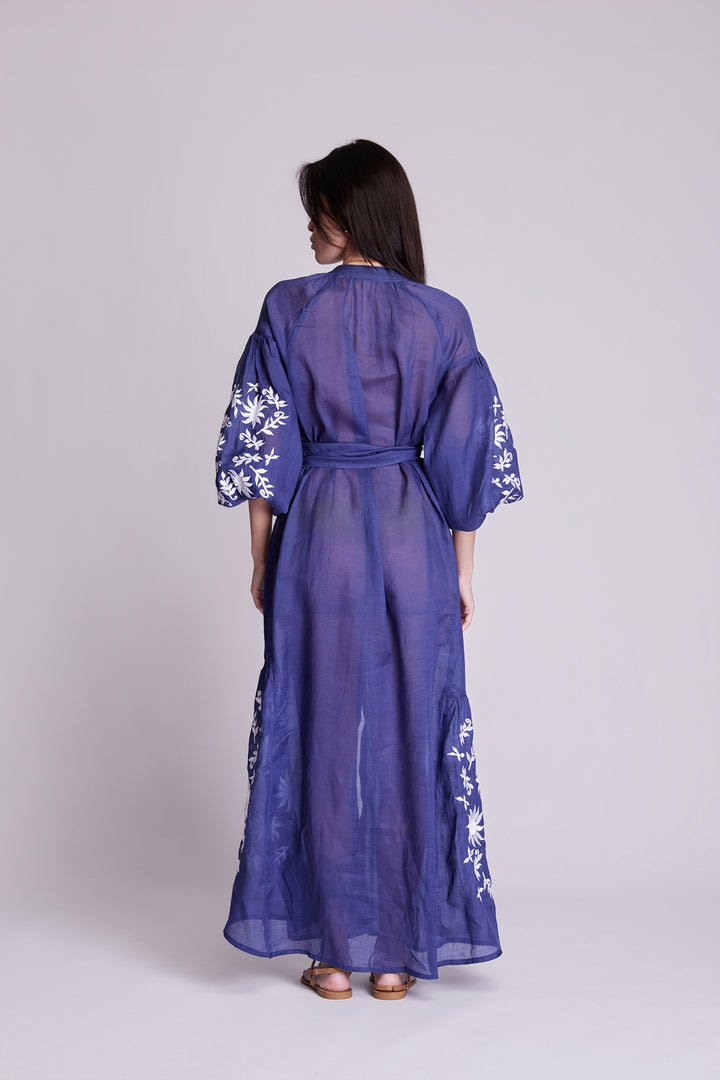 Vestido Nesga Afrodity Rami Azul Marinho Bordado Branco