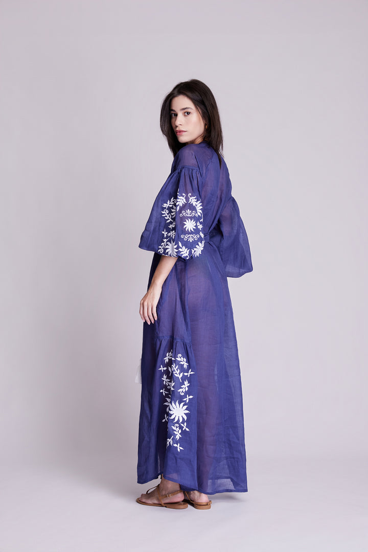 Vestido Nesga Afrodity Rami Azul Marinho Bordado Branco