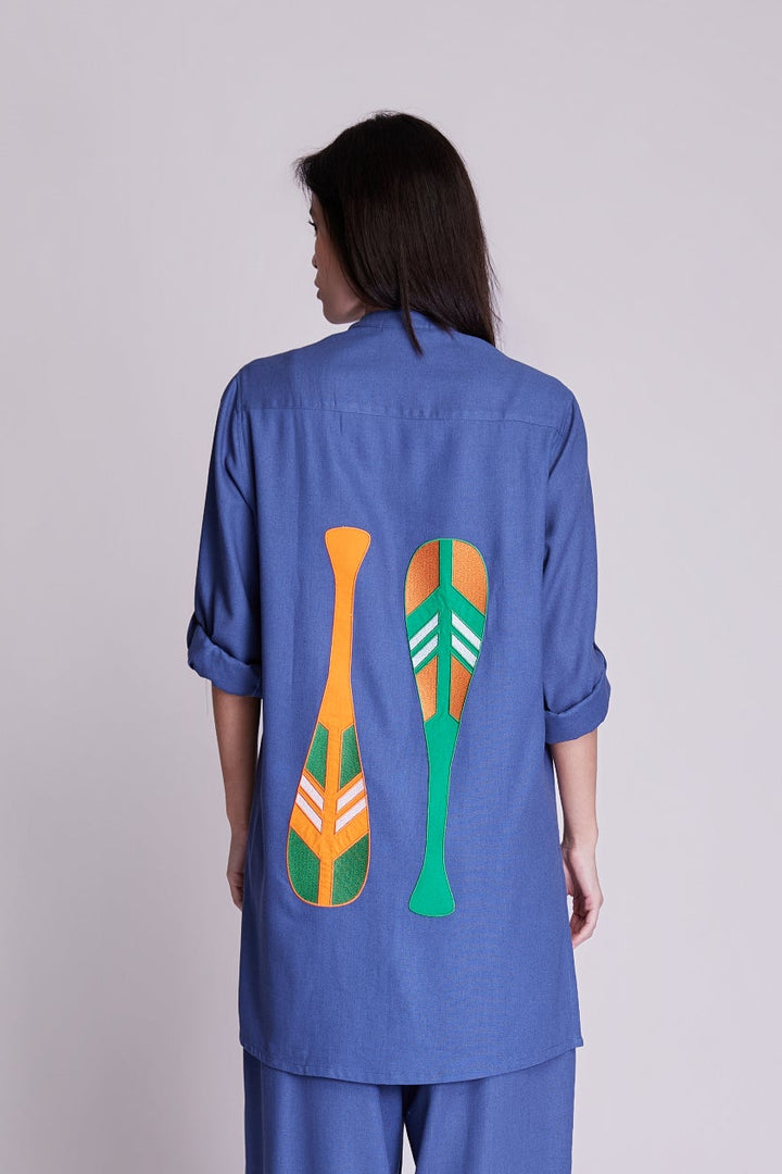 Camisa Long Cotidiano Azul Índigo Bordado Remo