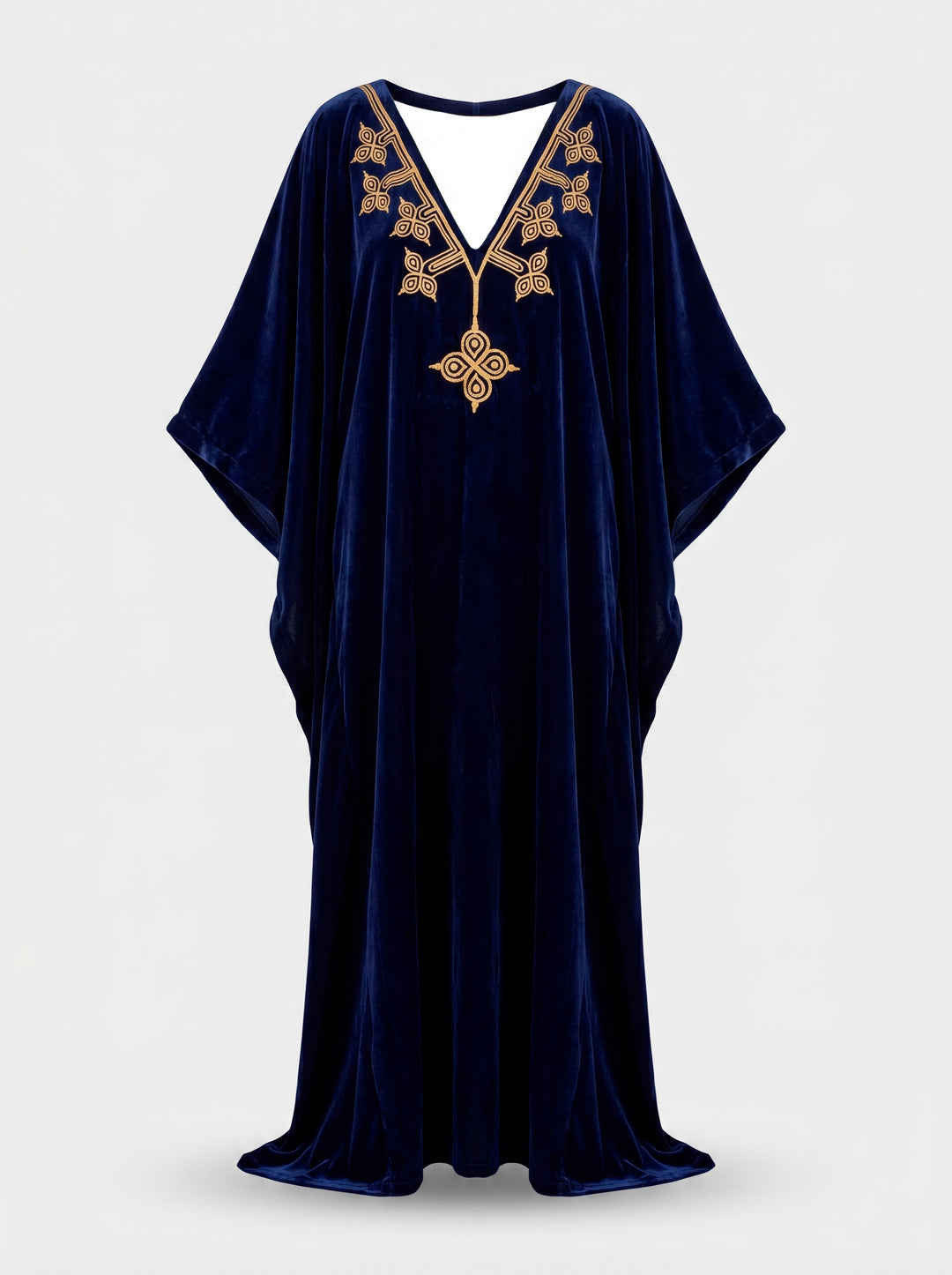 Kaftan Antonella Veludo Azul Marinho Bordado Dourado