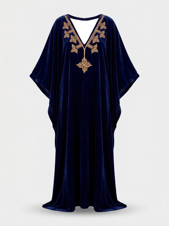 Kaftan Antonella Veludo Azul Marinho Bordado Dourado