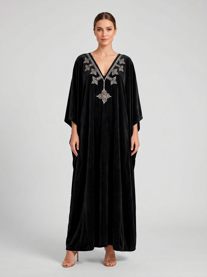 Kaftan Antonella Veludo Preto Bordado Prata
