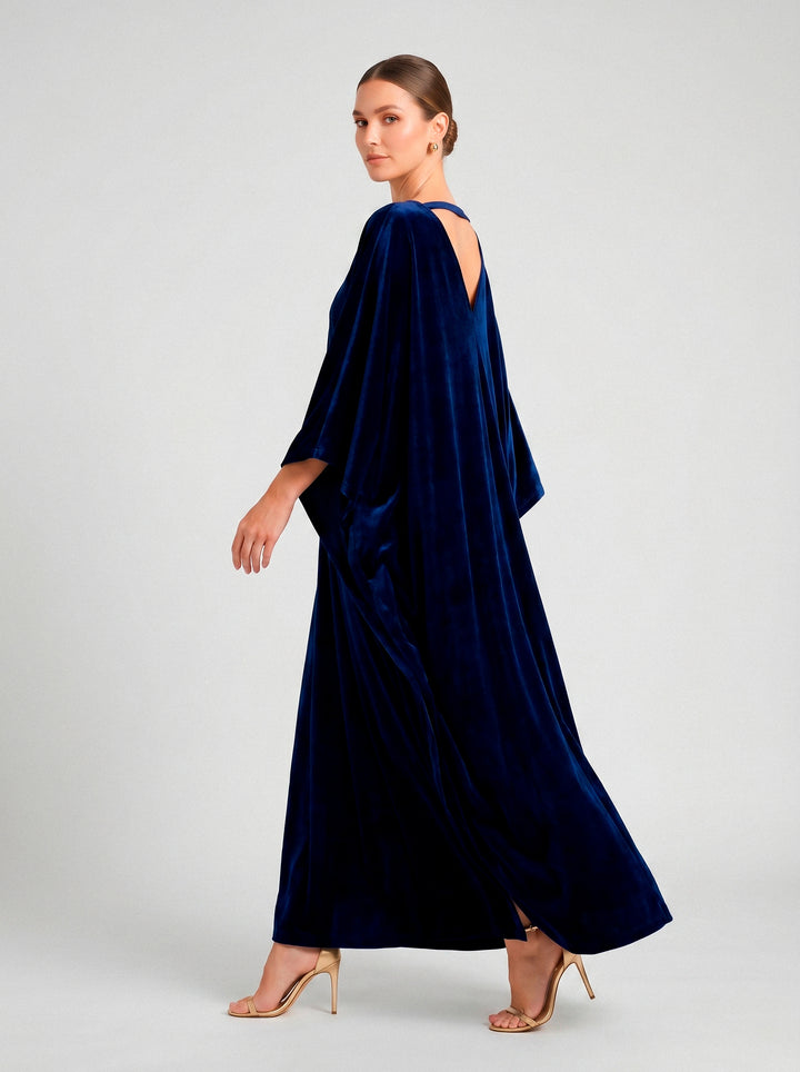 Kaftan Antonella Veludo Azul Marinho Bordado Dourado