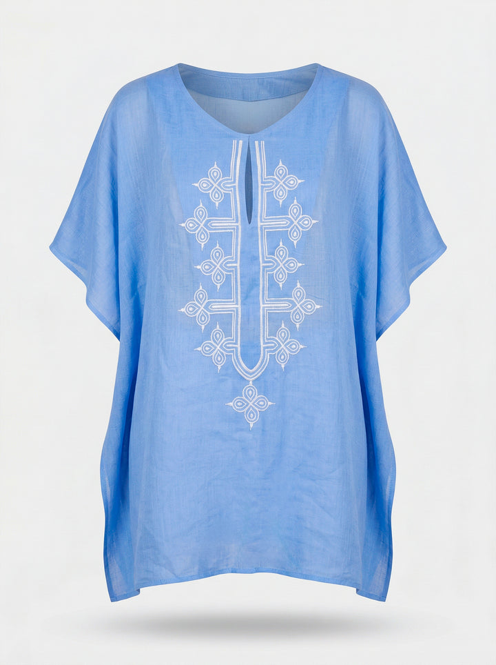 Blusa Flora Rami Azul Bordado Branco