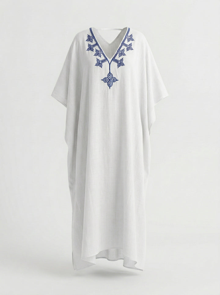 Kaftan Flora Rami Branco Bordado Azul