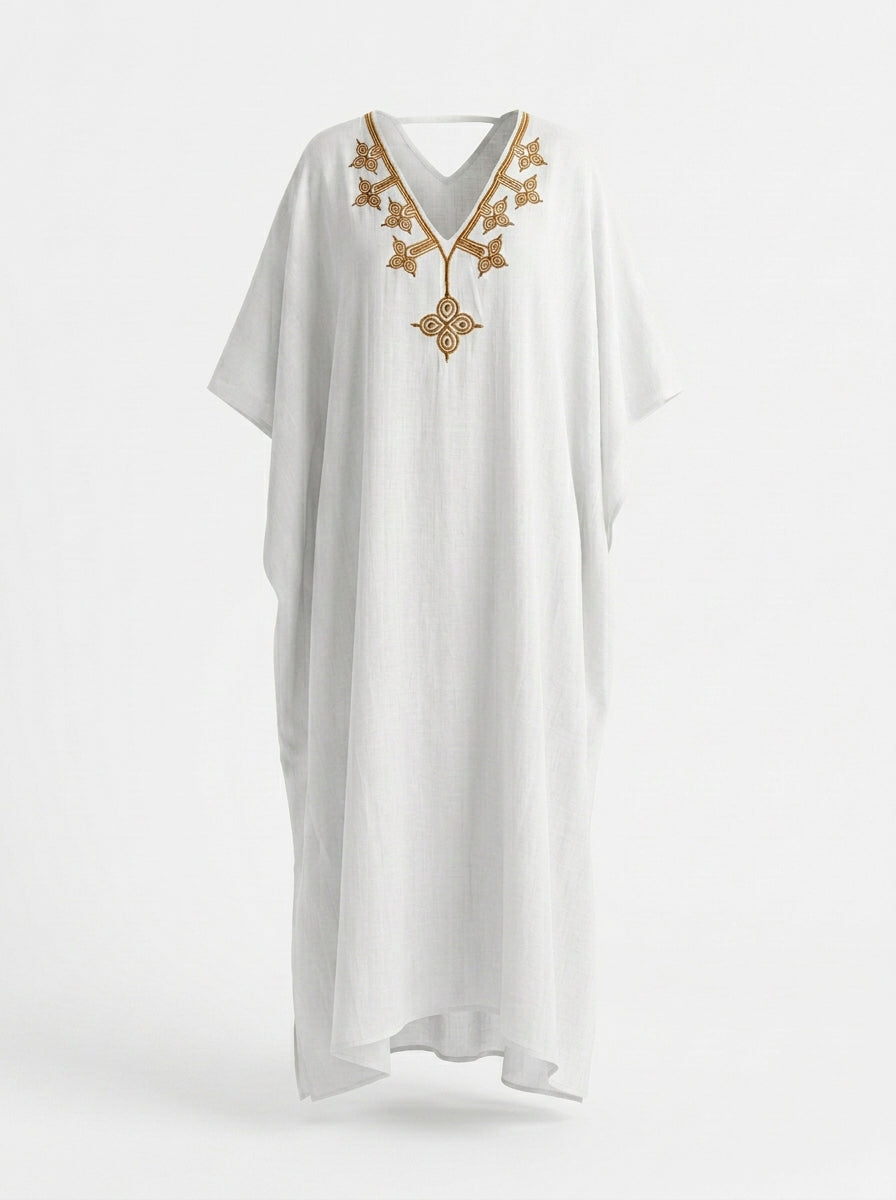Kaftan Flora Rami Branco Bordado Dourado