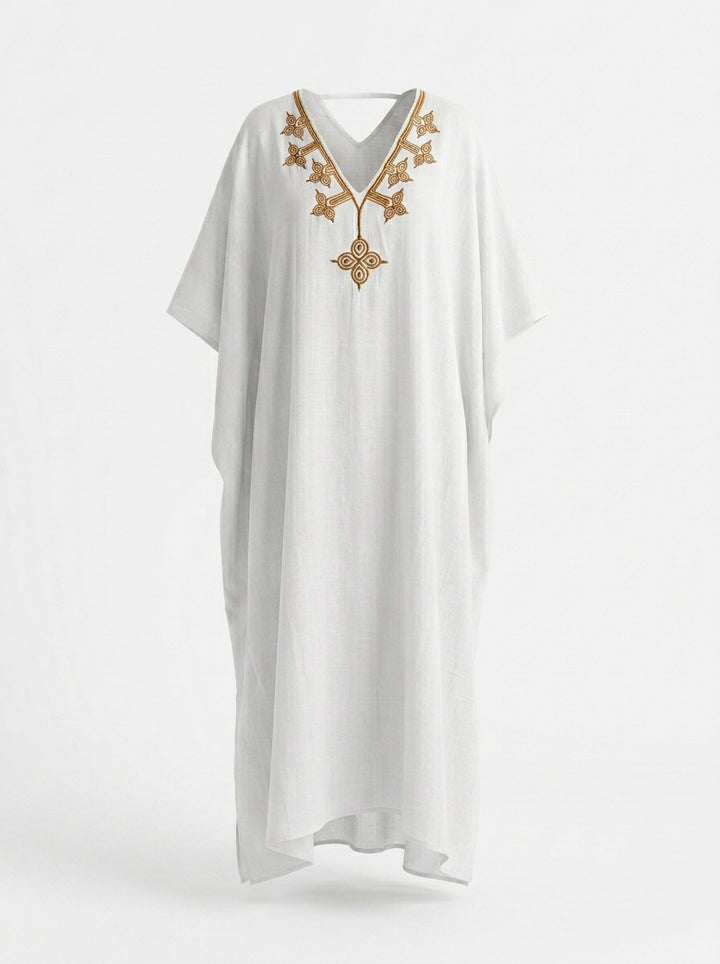 Kaftan Flora Rami Branco Bordado Dourado