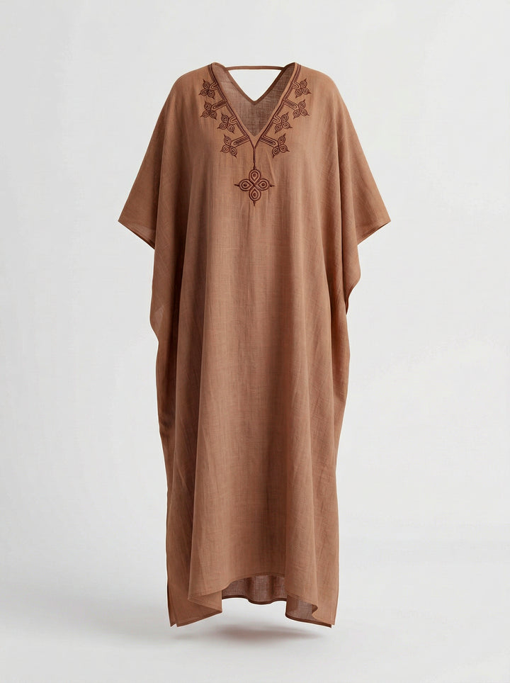 Kaftan Flora Rami Marrom Bordado Marrom