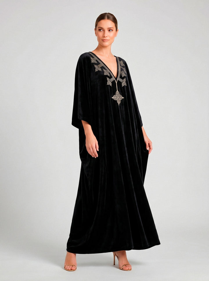 Kaftan Antonella Veludo Preto Bordado Prata