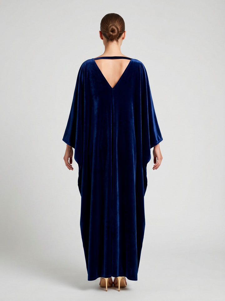 Kaftan Antonella Veludo Azul Marinho Bordado Dourado