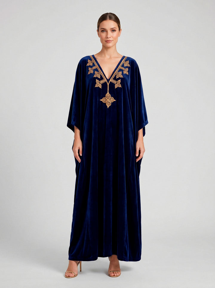 Kaftan Antonella Veludo Azul Marinho Bordado Dourado