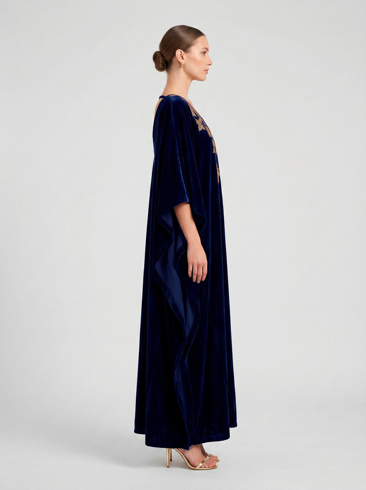 Kaftan Antonella Veludo Azul Marinho Bordado Dourado