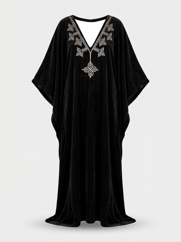 Kaftan Antonella Veludo Preto Bordado Prata