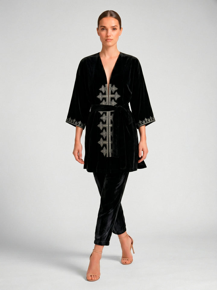Kimono Antonella Veludo Preto Bordado Prata
