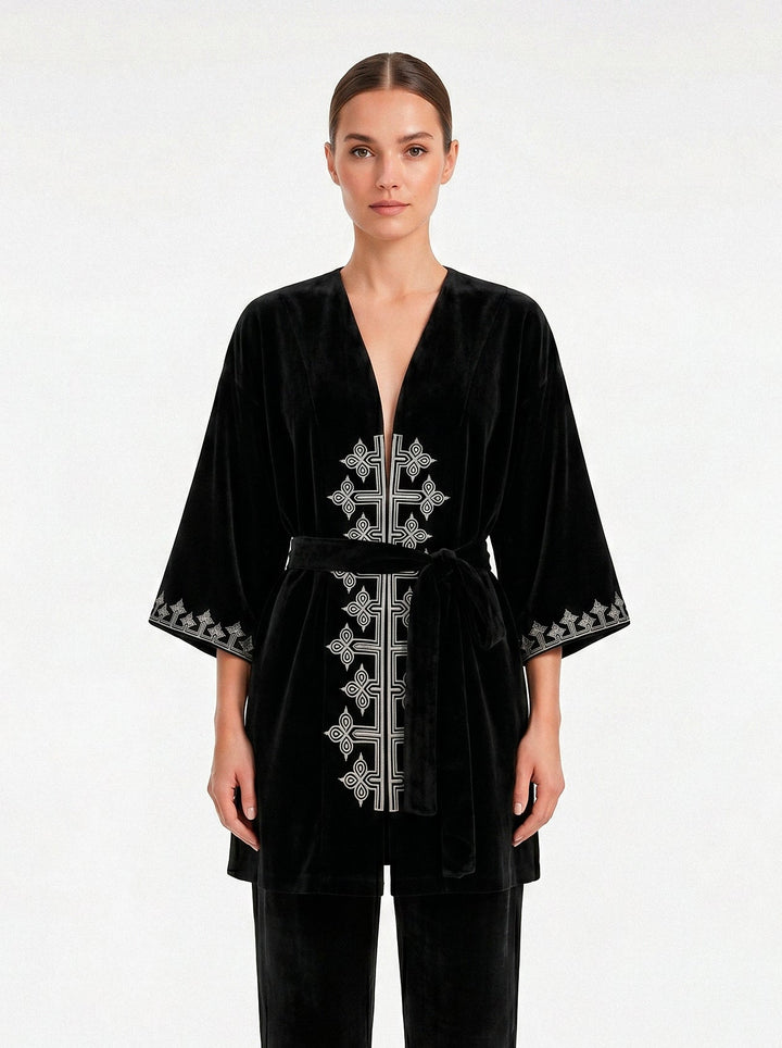 Kimono Antonella Veludo Preto Bordado Prata
