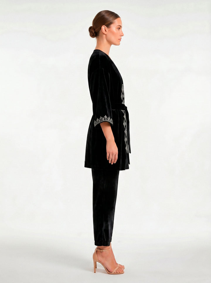 Kimono Antonella Veludo Preto Bordado Prata