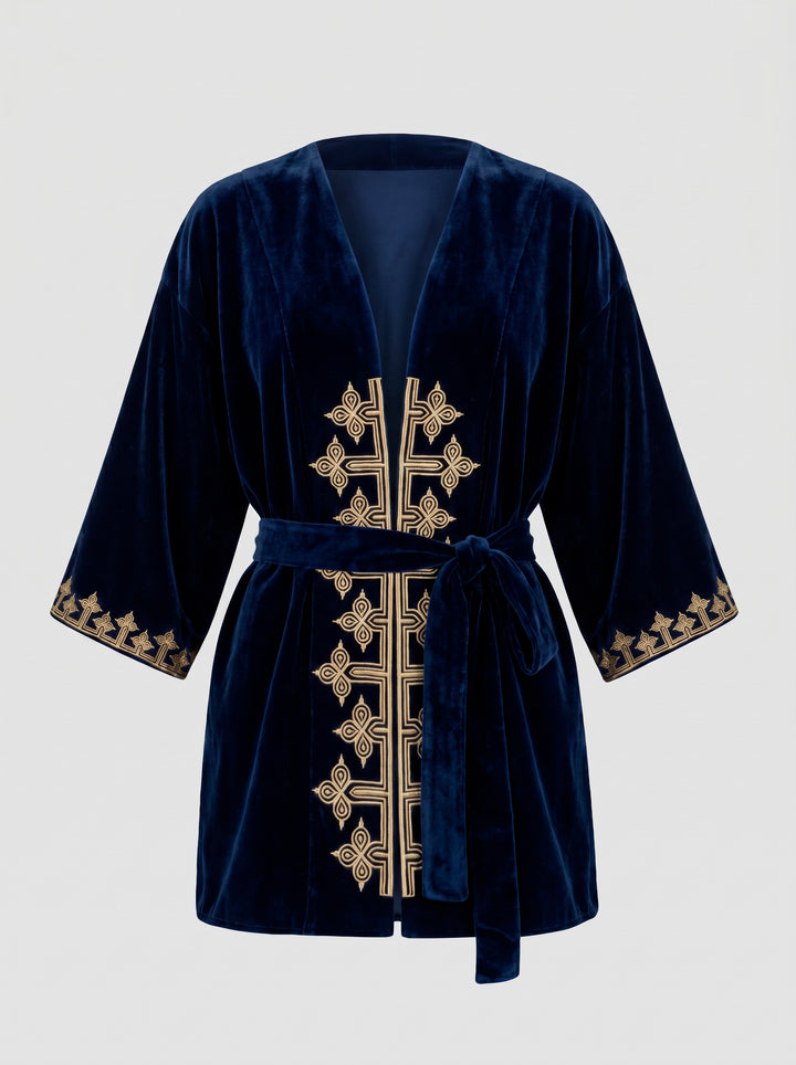Kimono Antonella Veludo Azul Marinho Bordado Dourado