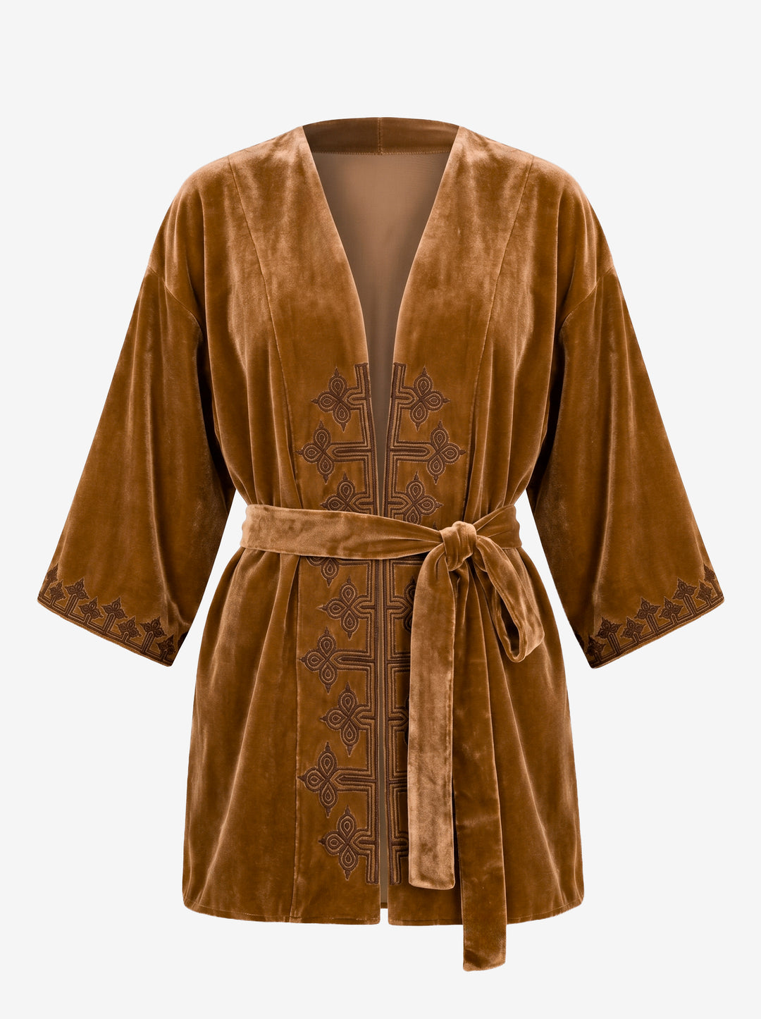 Kimono Antonella Veludo Caramelo Bordado Marrom