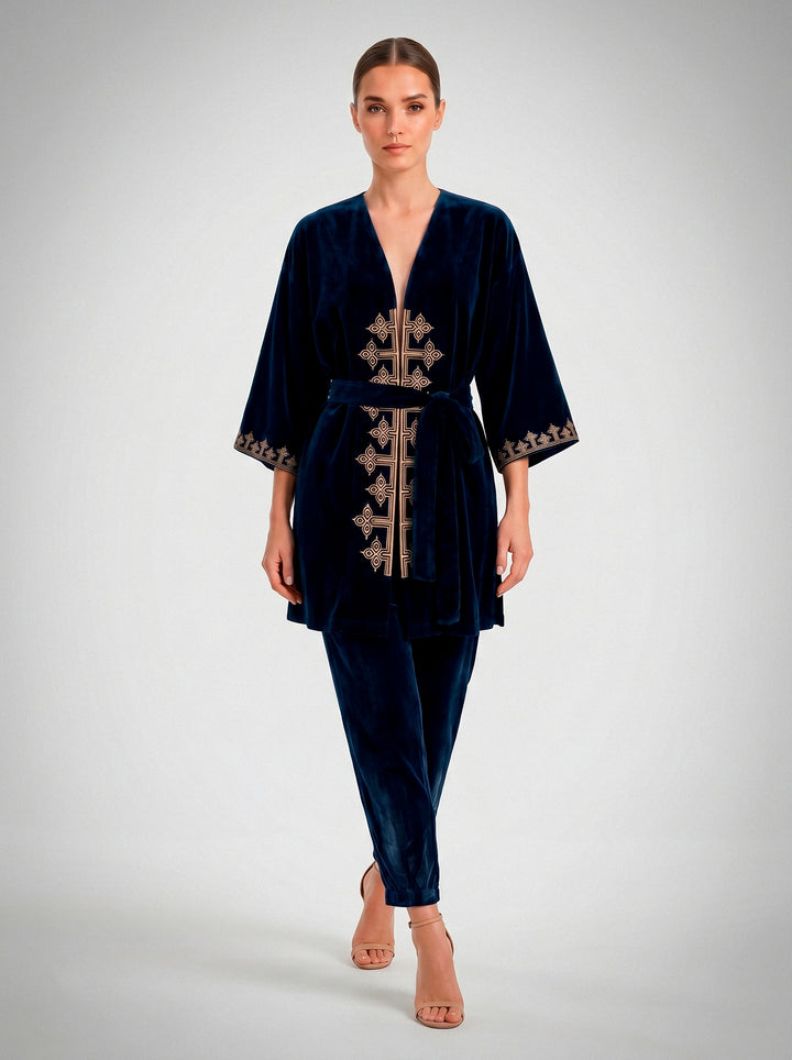 Kimono Antonella Veludo Azul Marinho Bordado Dourado